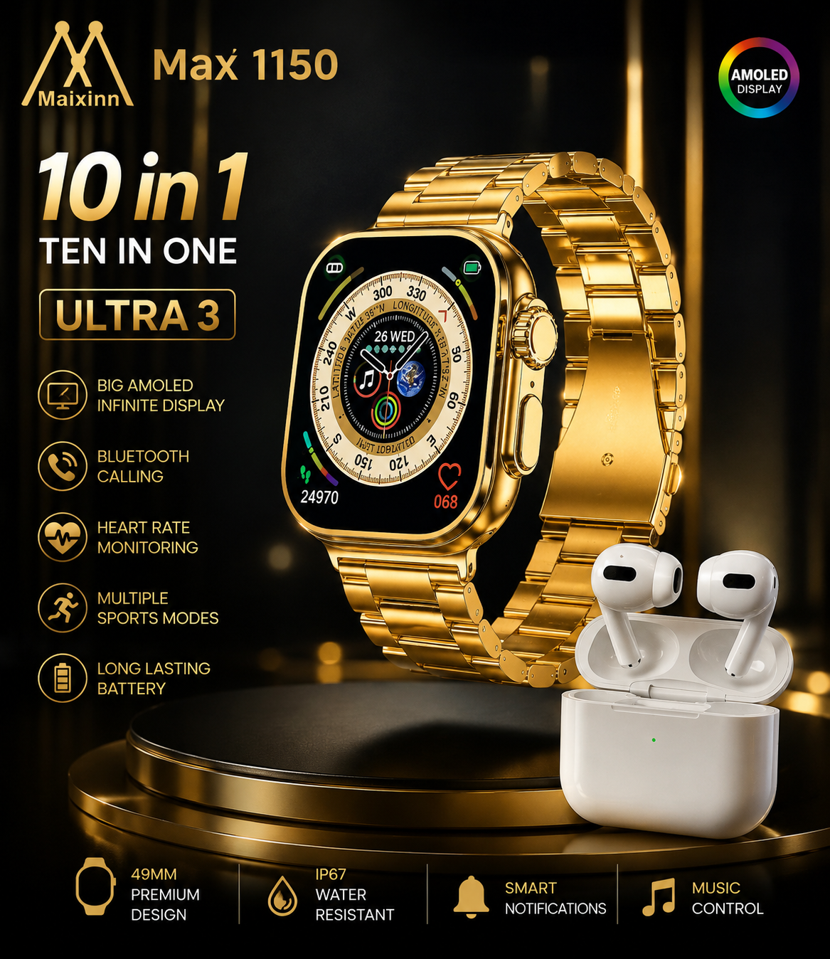 Max 1150 Ultra 3 Smart Watch (49mm) + Wireless Earbuds | AMOLED Display | Premium Metal Strap